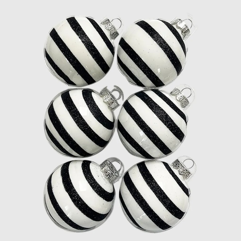 Black Glitter Stripe kézzel festett fehér-fekete üveg karácsonyi gömb szett 6*7cm