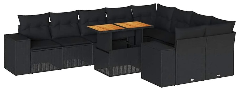10 részes fekete polyrattan akácfa kerti ülőgarnitúra párnákkal
