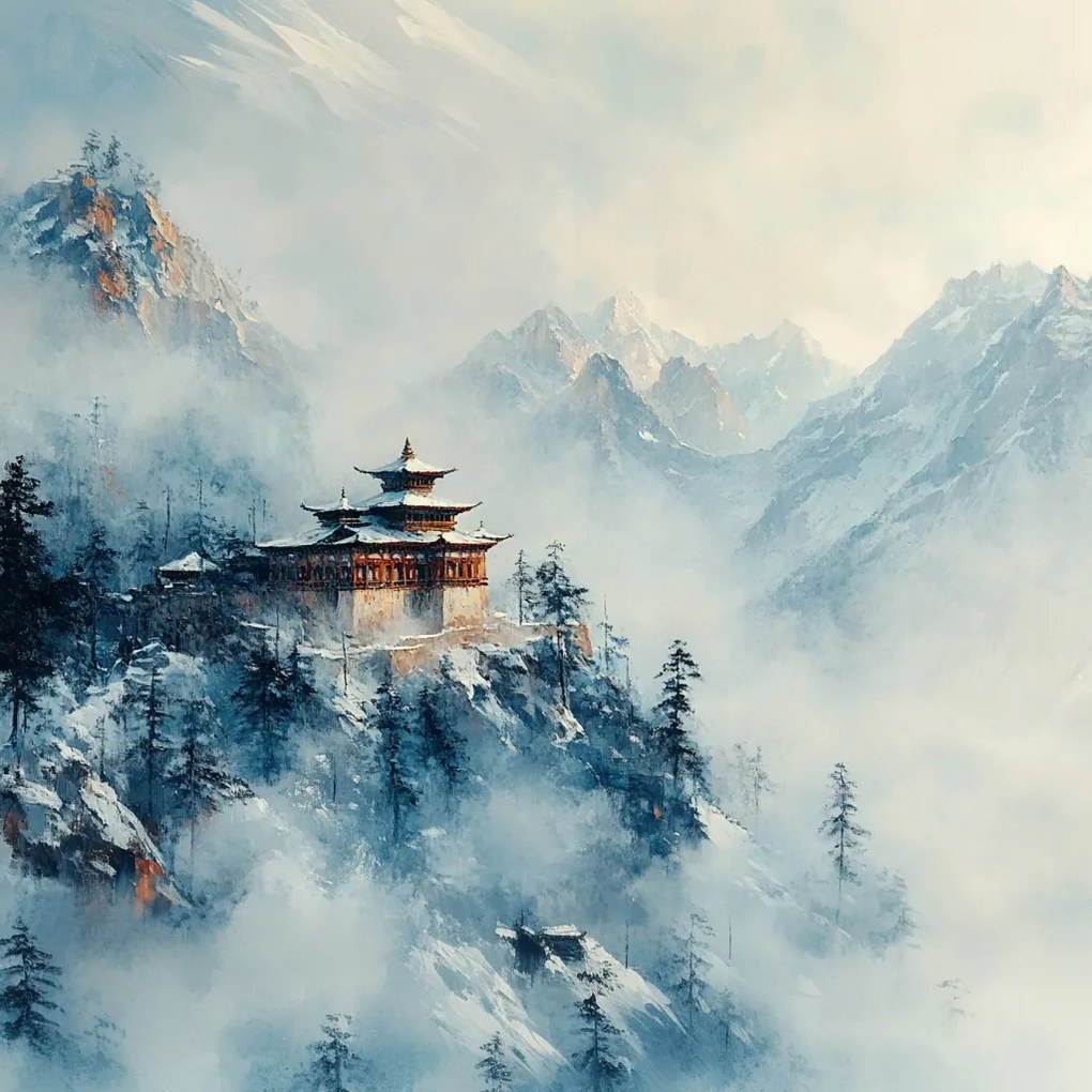 Vászonkép Canvas Buddhista Templom Hegyek Köd Tájkép 80x80