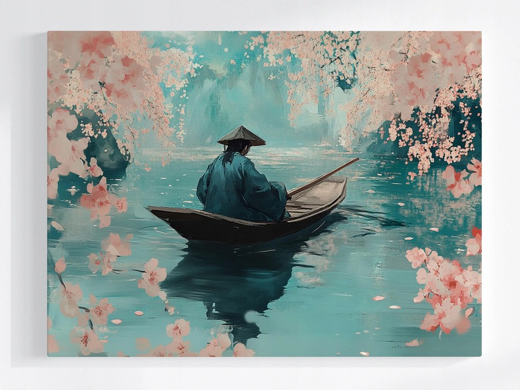 Poszter Ázsia Japán Cseresznye Virágok Csónak Víz Tükröződés 80x60