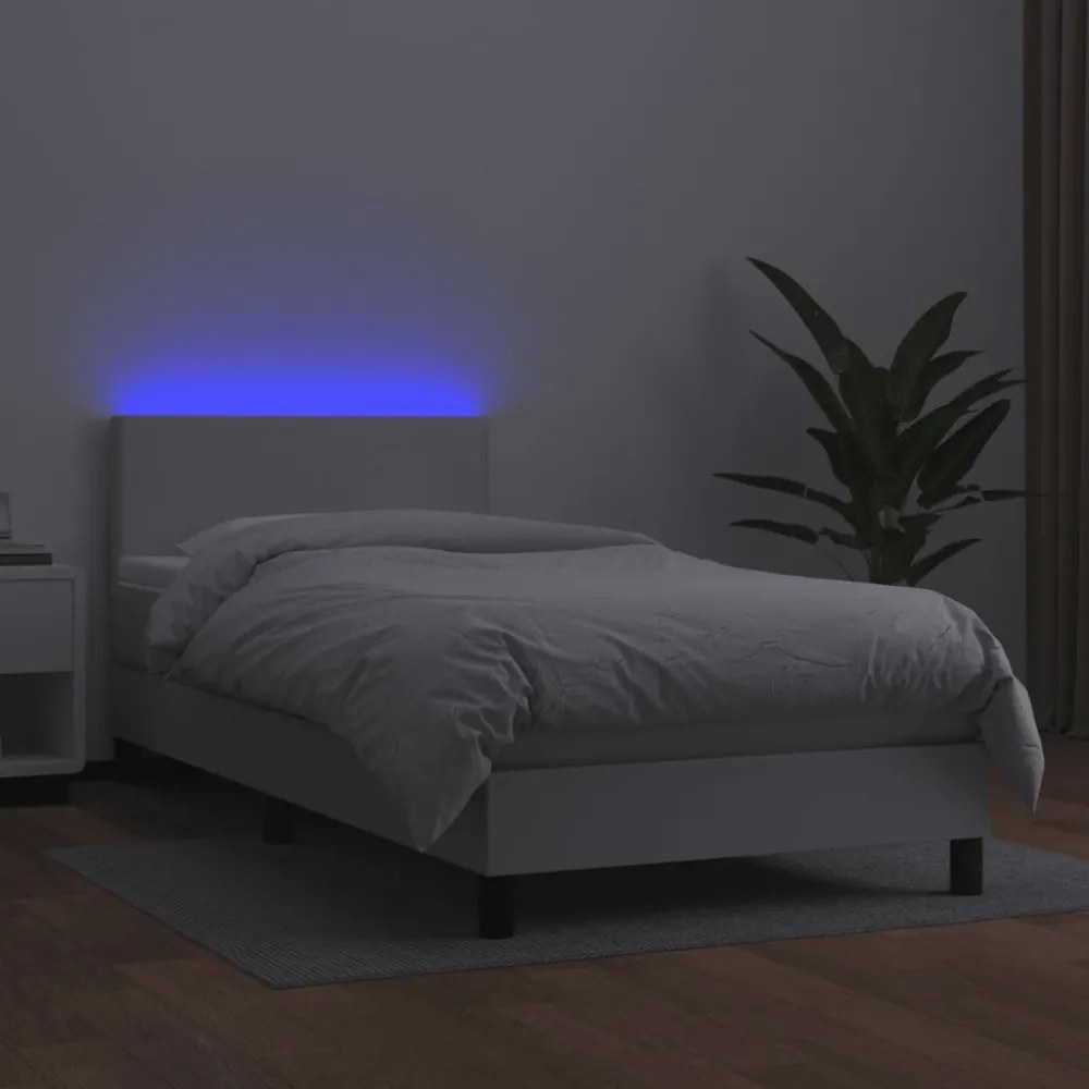 fehér műbőr rugós ágy matraccal és LED-del 80 x 200 cm