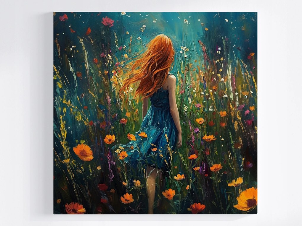 Vászonkép Canvas Vörös Nő Lány Rét Virágok Séta 80x80