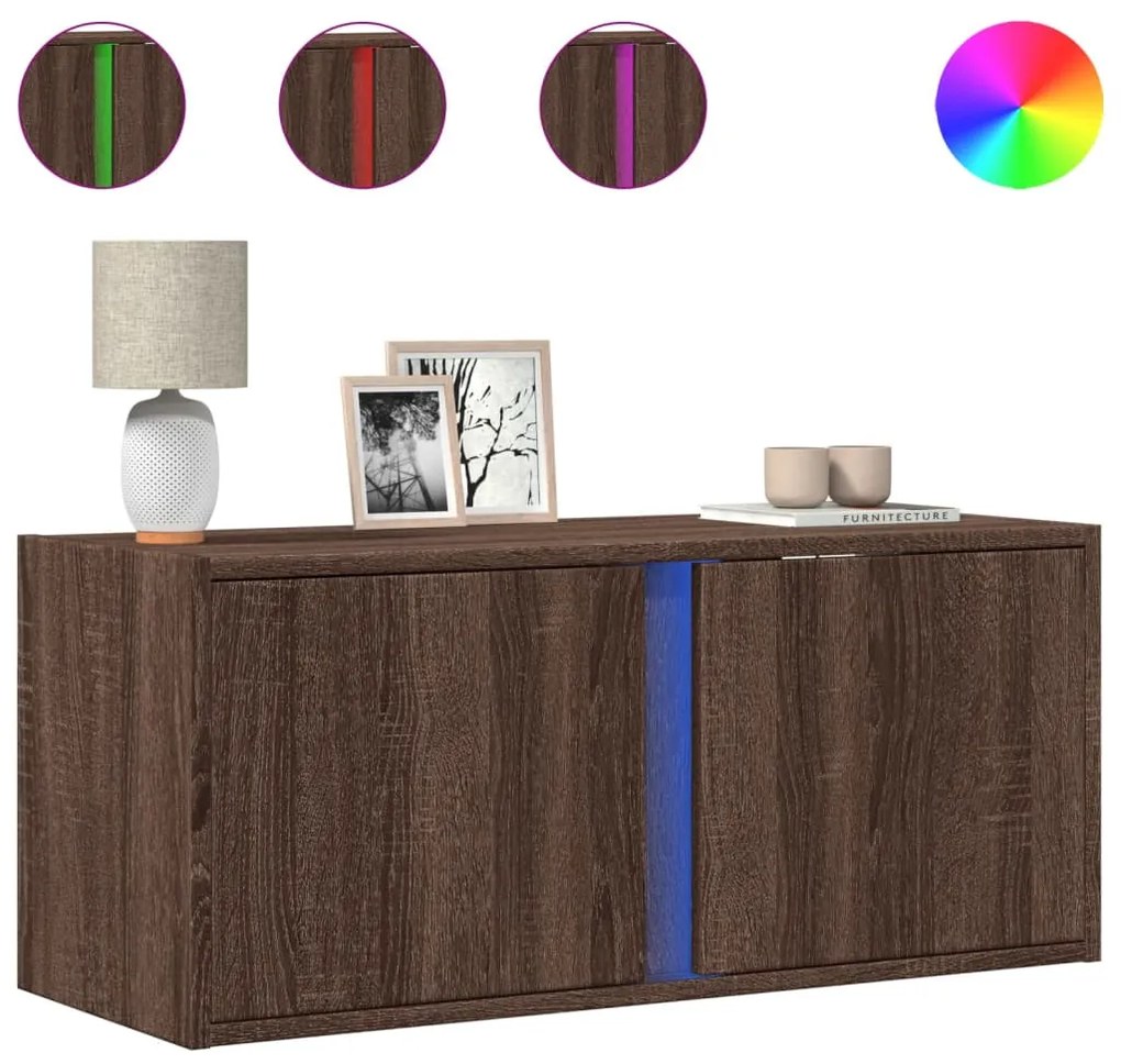 barna tölgyszínű fali TV-szekrény LED-del 80x31x35 cm