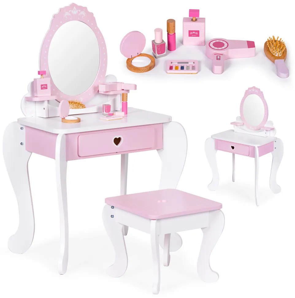 Fésülködőasztal gyerekeknek tükörrel székkel és 7 kiegészítővel
