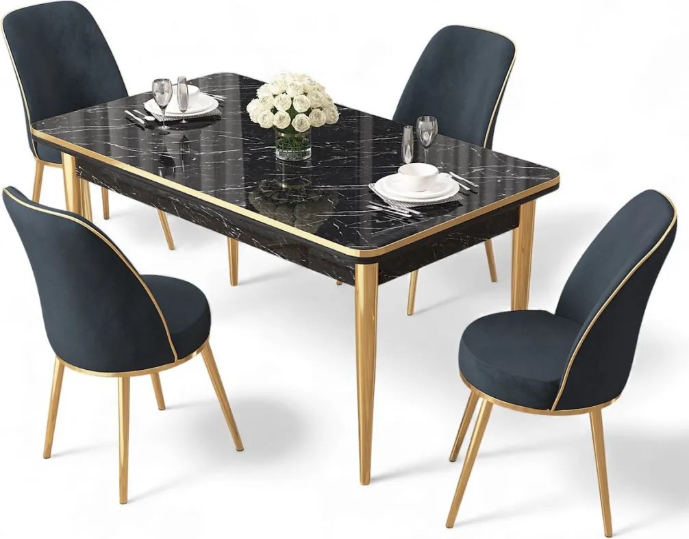 Rewa étkezőgarnitúra, fekete márvány-arany, 110 cm – TR240CHR3046