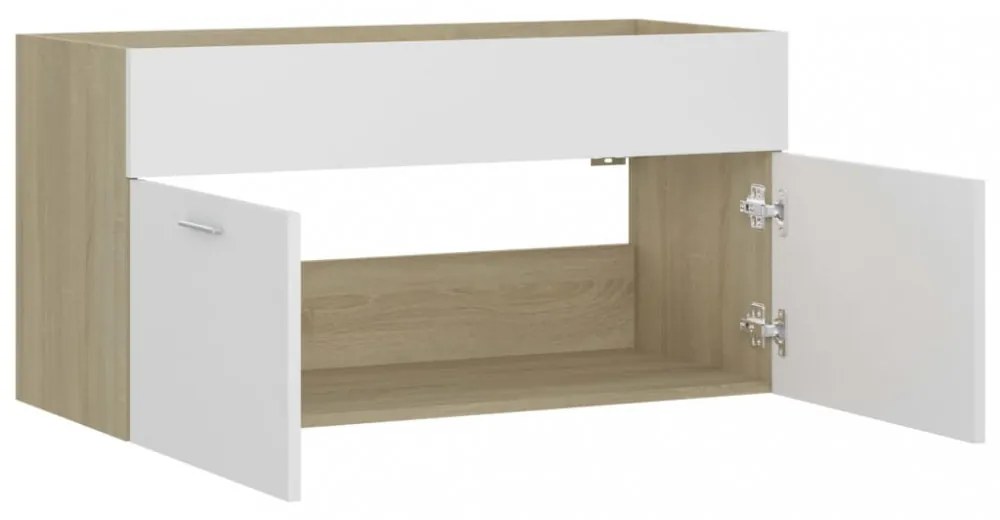 fehér és sonoma tölgy szerelt fa mosdószekrény 90x38,5x46 cm