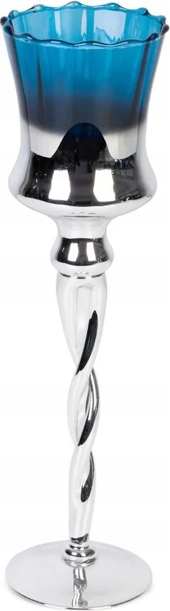 Dekorációs gyertyatartó CLARE2 10x35 ezüst kék kehely dekoratív lábon