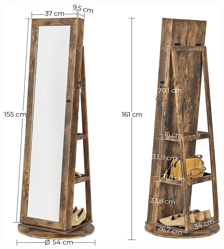 Álló ékszerszekrény, 360°-ban forgatható, zárható, tükörrel, rusztikus barna 162x55x55cm