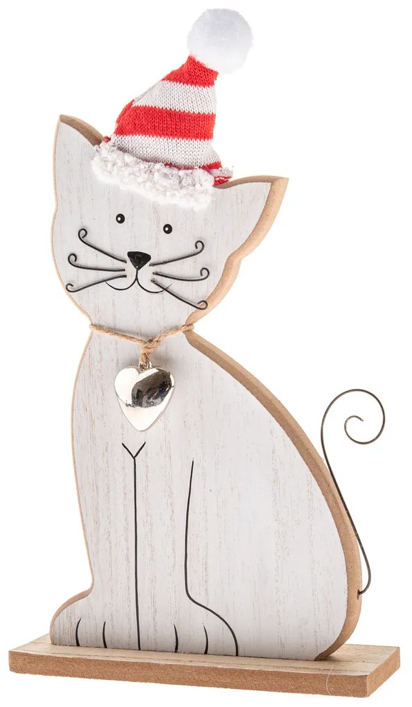 Fa macska csengővel és kötött sapkával, 29 cm