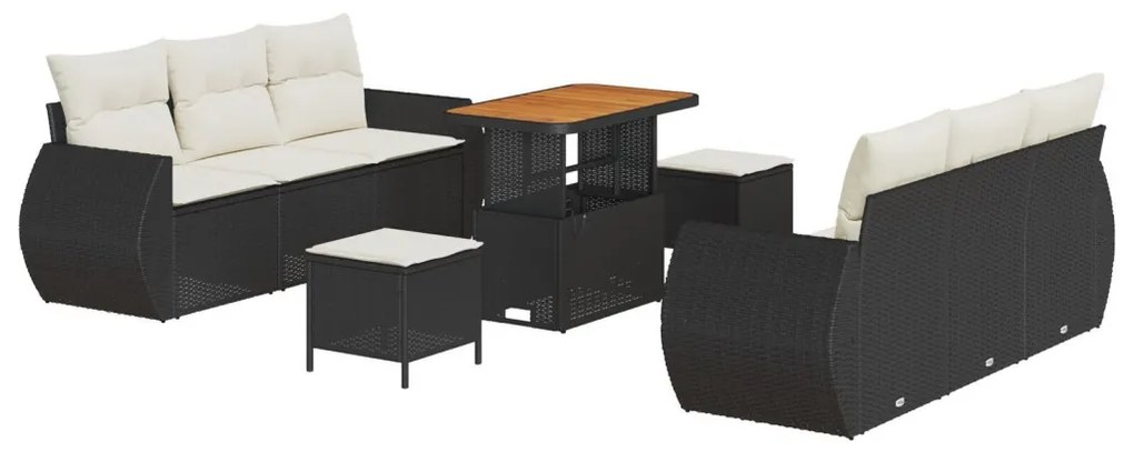 9 darabos kertkanapé szett párnákkal fekete poli rattan akáccal, 3 darabos kert étkező szett párnákkal fekete poli rattan akáccal