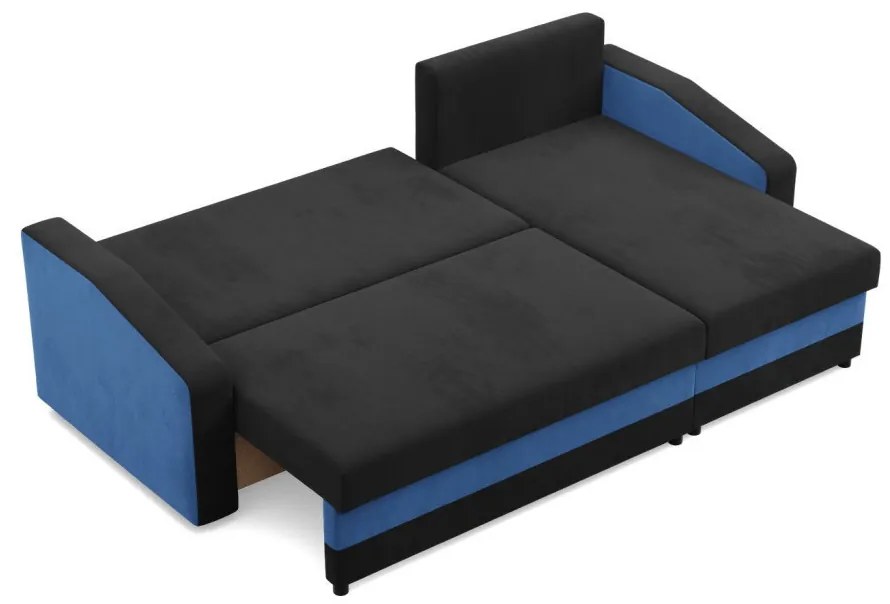 Hewlet sarokkanapé, 2 ágyneműtartóval, szövet anyag, univerzális oldal, hab töltet, fekete - kék