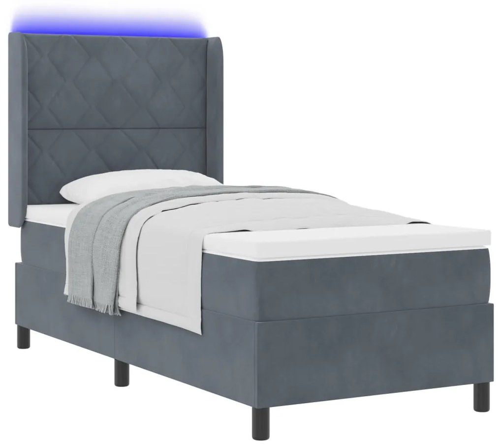 Boxspring Ágy Matraccal és LED Delux Szürke 90x200 cm Bársony