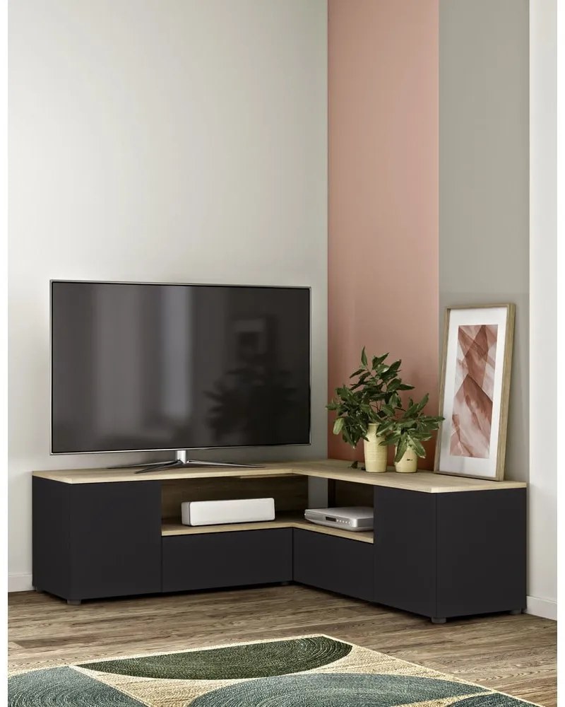 Fekete-natúr színű TV-állvány tölgyfa dekorral 130x46 cm Angle – TemaHome