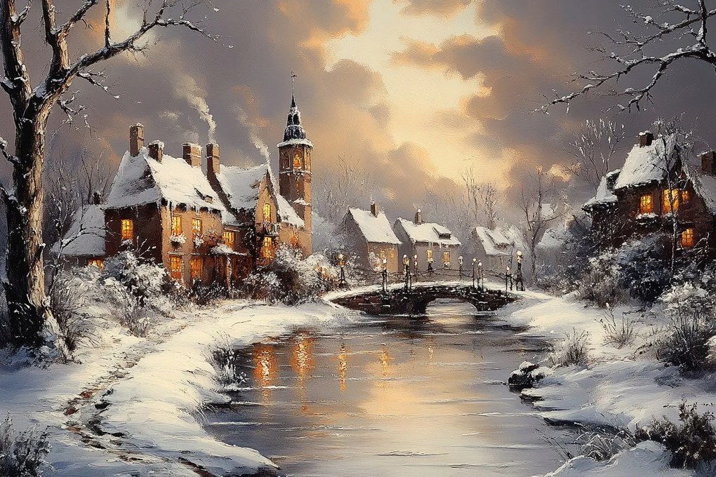 Vászonkép Canvas Tájkép Város Folyó Házak Tél Hó Híd 60x40