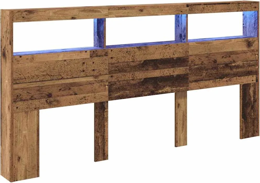 vidaXL Fejtámla LED -es lámpákkal Öreg fa 200 x 17 x 102 cm Faanyag
