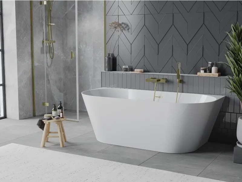 Mexen Oval Slim szabadon álló fal melletti kád 170 x 80 cm, fehér, túlfolyó arany szálcsiszolt - 52661708000-55
