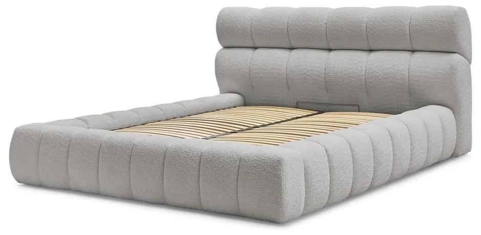 Világosszürke kárpitozott ágyneműtartós franciaágy ágyráccsal 160x200 cm Mont Blanc – Bobochic Paris