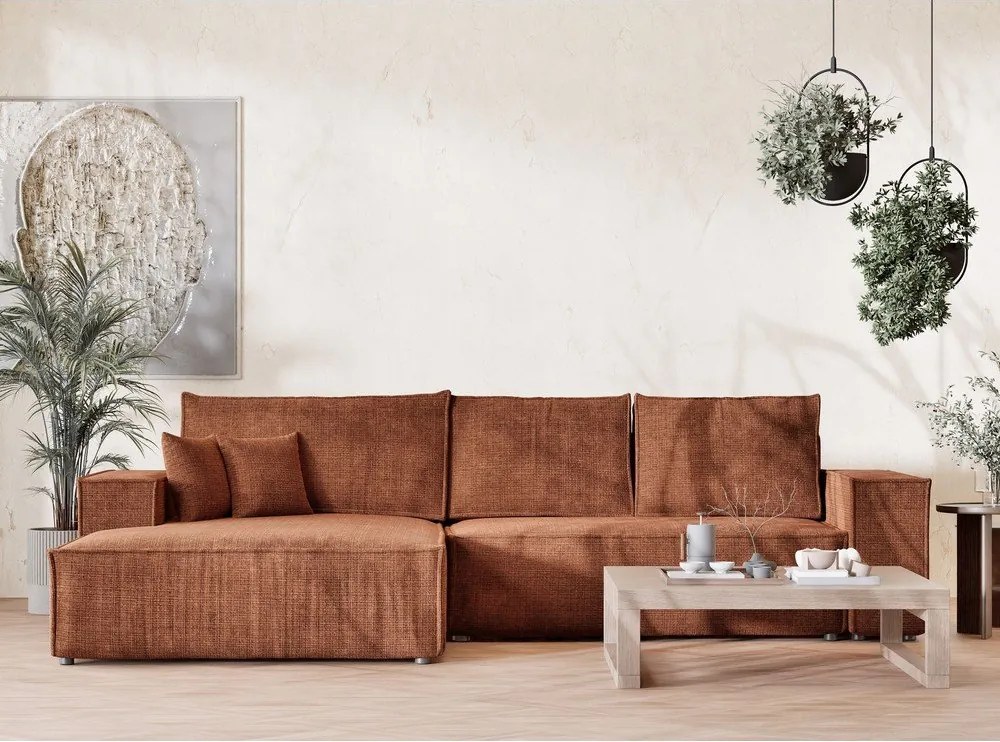 Rézszínű zsenília kinyitható-tárolóhelyes sarokkanapé (bal oldali-heverő résszel) Maze – Maison de Rêve