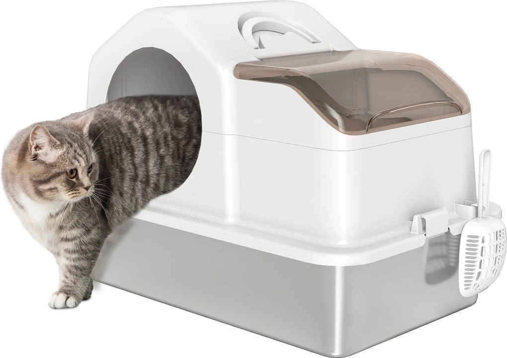 PawHut Extra Nagy Fedeles Macskaalomtartó Rozsdamentes Acél Tálcával, Levehető Fedél, Magas Peremű, Szagtalan, Könnyen Tisztítható Nagy Macskák Számár
