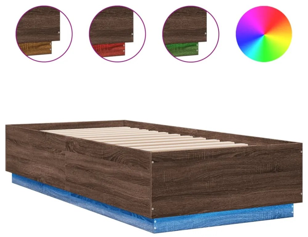 barna tölgyszínű szerelt fa ágykeret LED-del 100 x 200 cm