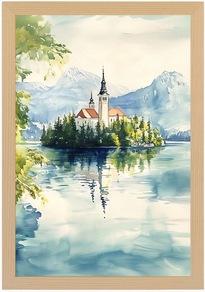 Poszter Keret Fa Tájkép Szlovénia Tó Hibás Templom Sziget 40x60