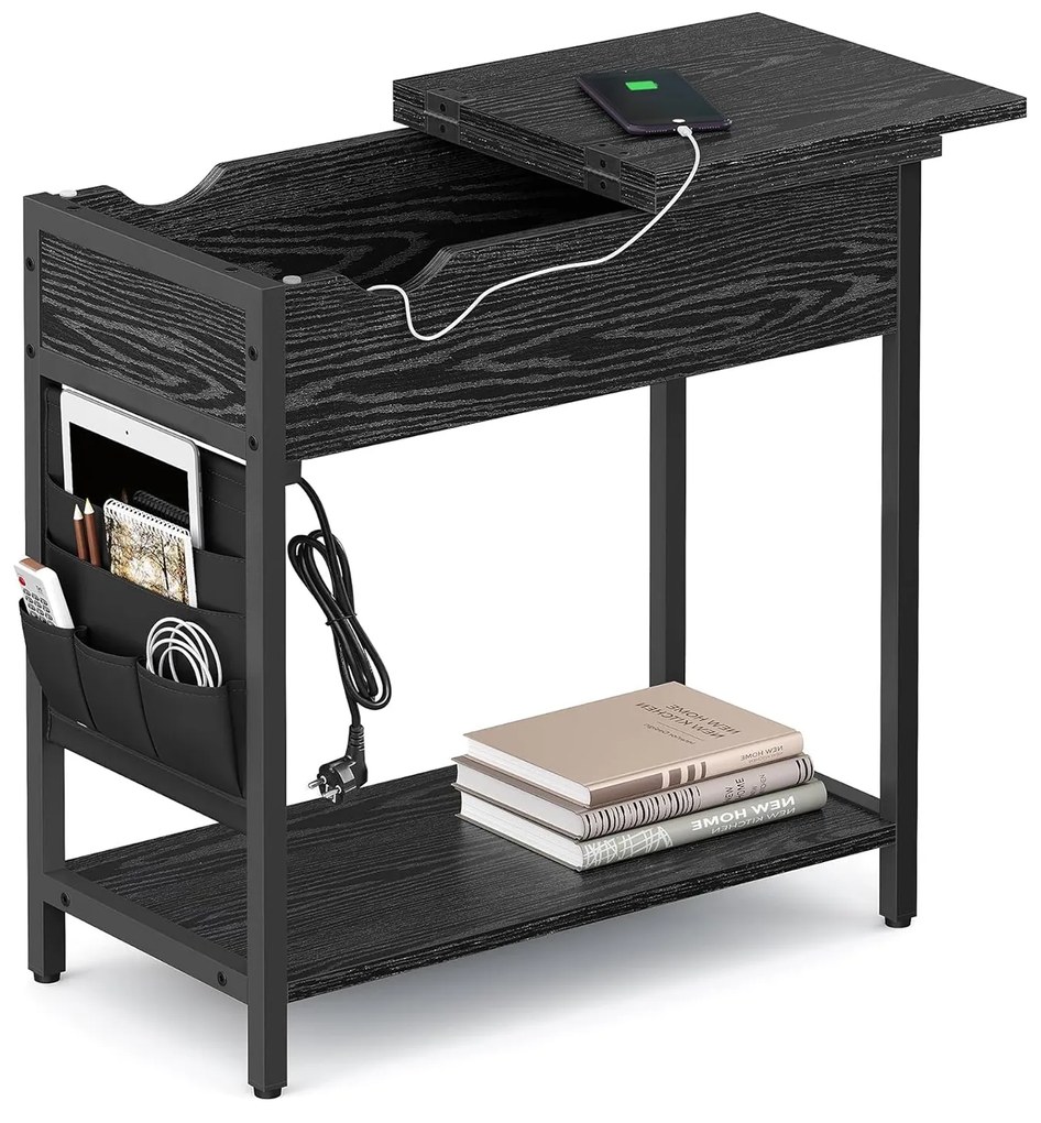 Éjjeliszekrény aljzatokkal Összecsukható asztallap, polccal és szövettáskával,60 x 60 x 31,5, Fekete