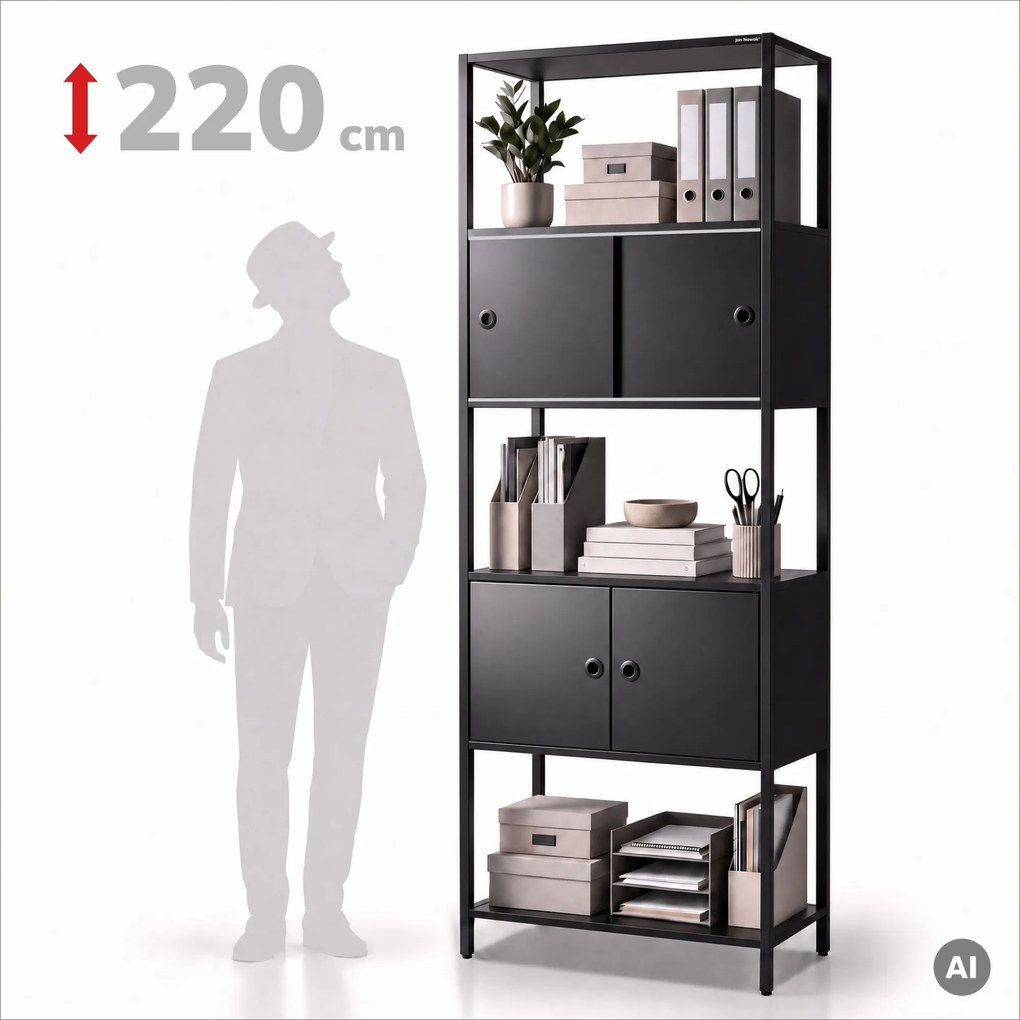 Iratrendező polc zárható szekrénnyel, irodai, nyitott polcok, fém fekete, 800x2200x400 mm: ARIEL