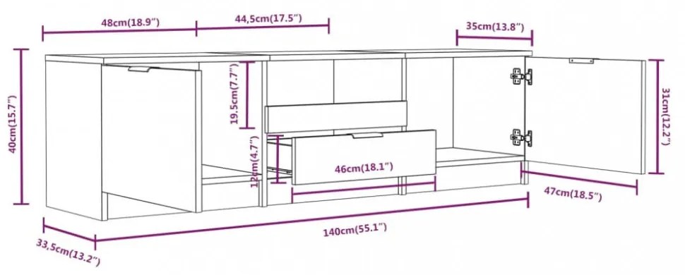 fehér, préselt fából készült TV-szekrény 140 x 35 x 40 cm