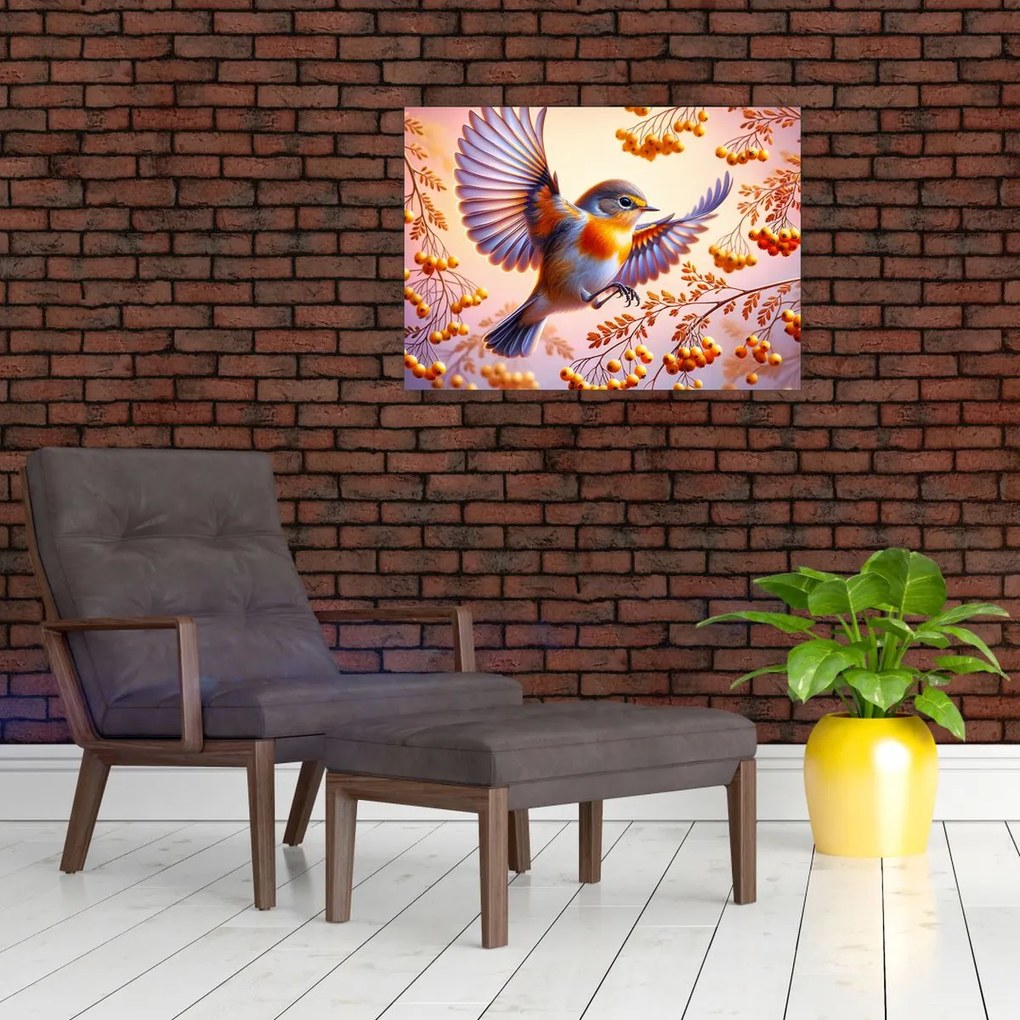 Üveg kép - Madár berkenyével (70x50 cm)