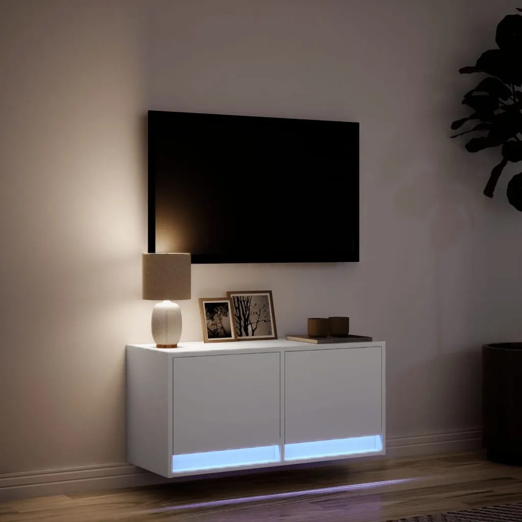 fehér falra szerelhető TV-szekrény LED-lámpákkal 80x31x35 cm