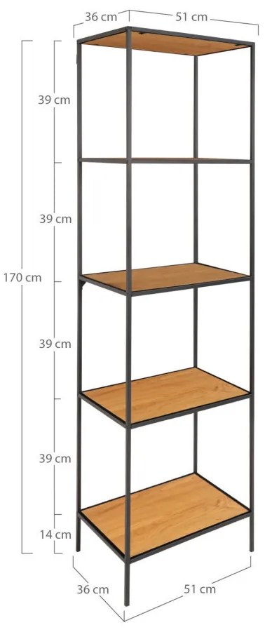 Vita polc, 5 polcos, tölgy hatású, fekete keret 51x36x170 cm