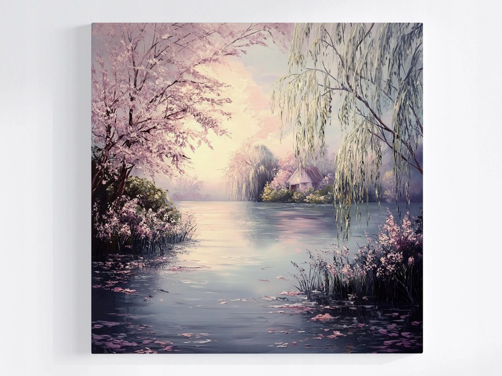 Canvas Vászonkép Tájkép Tavasz Víz Tó Fűzfa Cseresznye 80x80