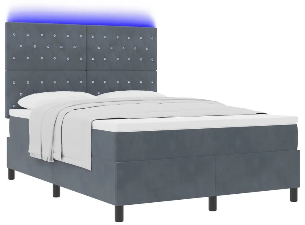 Boxspring Ágy Matrac & LED Sötétszürke 140x200 cm Bársony