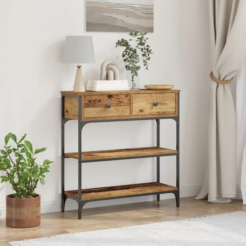 Konzol Asztal Régi Fa 72,5x25x75 cm Műanyag Fa és Acél