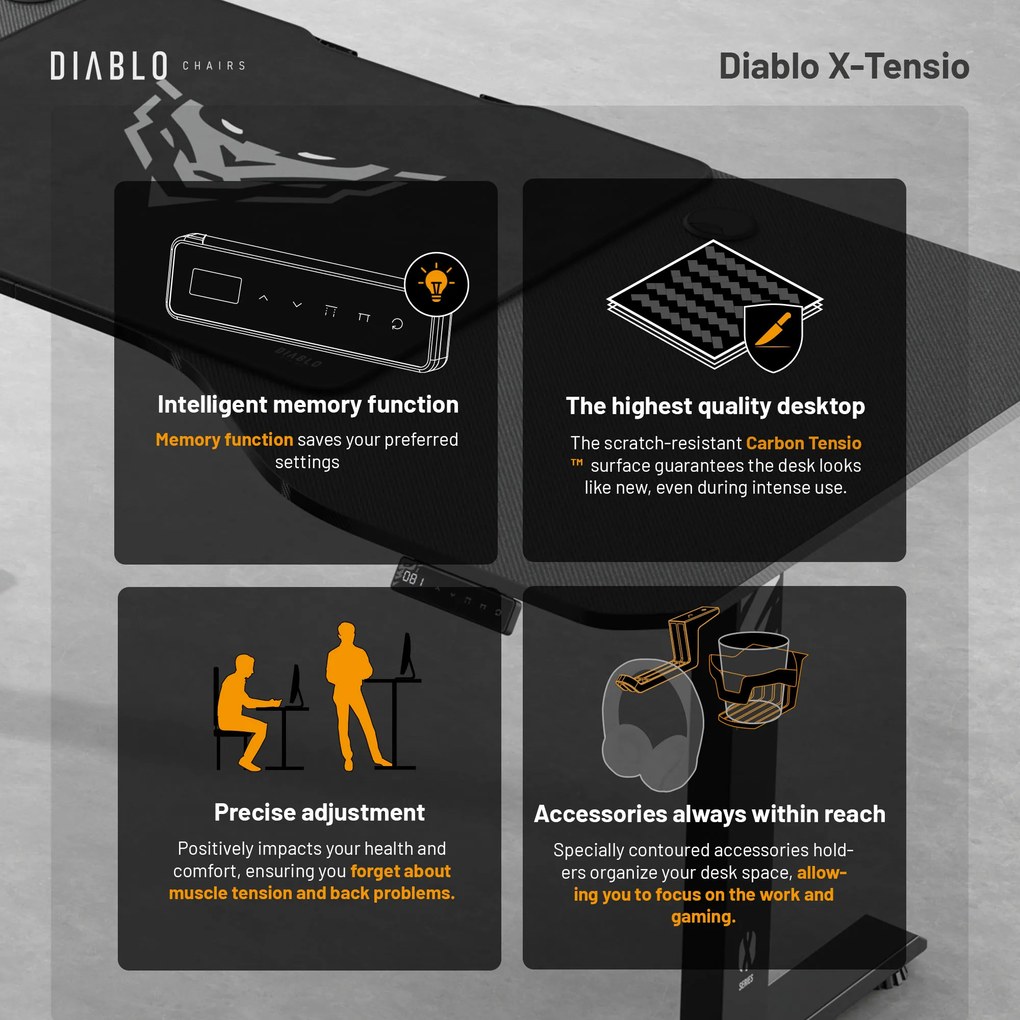 Elektromosan magasságban állítható íróasztal 160 cm fekete: Diablo X-Tensio 1600