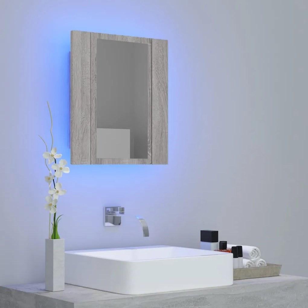 szürke sonoma szerelt fa tükrös szekrény LED-del 40x12x45 cm