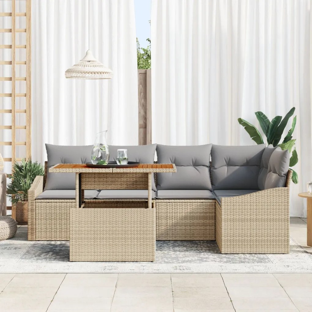 6 darabos Kerti Étkező Szett Párnákkal Bézs Poli Rattan Acacia