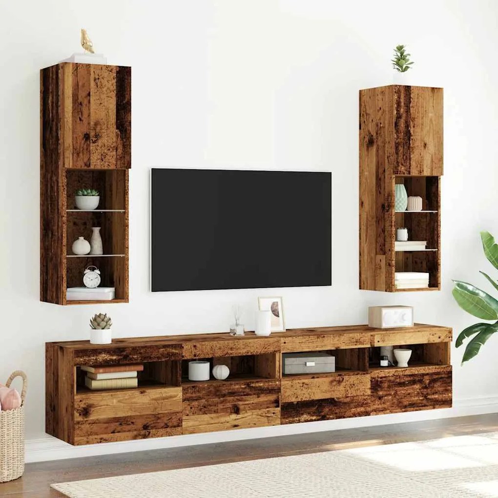 2 db antik fa színű TV-szekrény LED-lámpákkal 30,5x30x102 cm