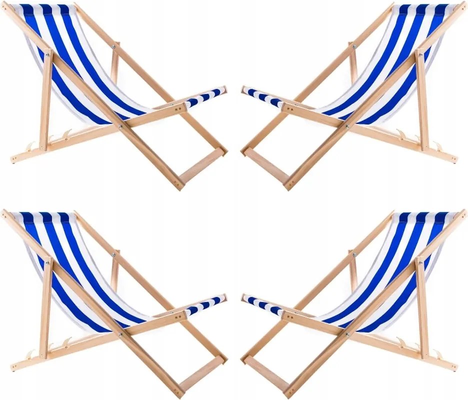 4X Összecsukható Fa Kerti Napozóágy Woodok Kék Csíkokkal