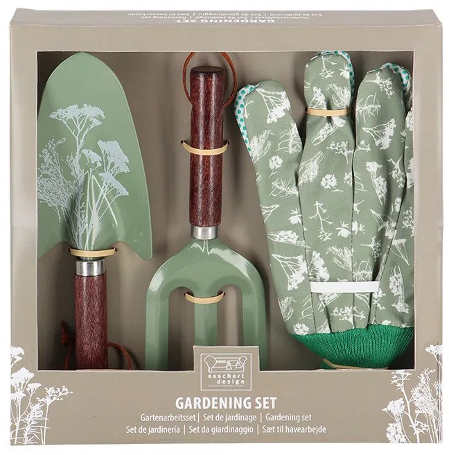 Mezei virág mintás kerti eszköz és kesztyű szett, zöld