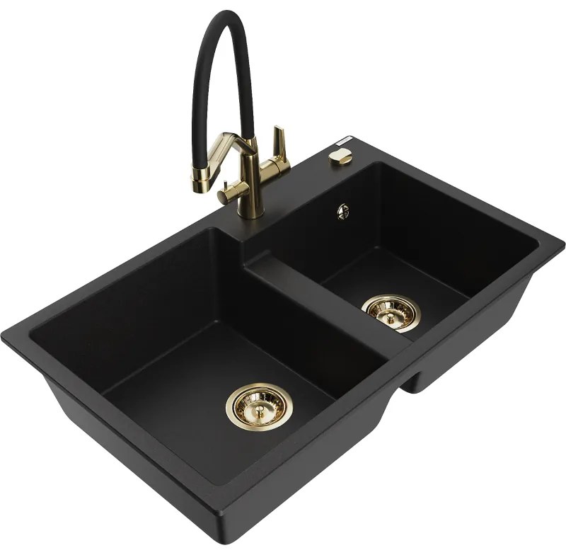 Mexen Tomas 2-kamrás gránit mosogató Duo konyhai csappal, fekete - 6516-77-671701-57-G