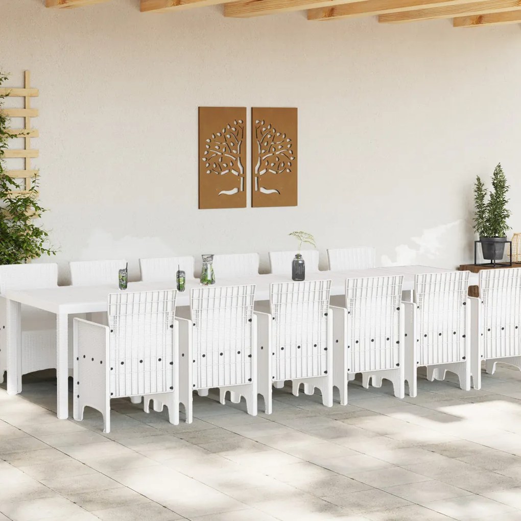 13 Darabos Kerti Étkező Garnitúra Fehér Poli Rattan, Kerti Asztal Fehér 200x100x73 cm Poli Rattan, Kerti Asztal Fehér 150x100x73 cm Poli Rattan, Kerti Székek 4 db Fehér Poli Rattan