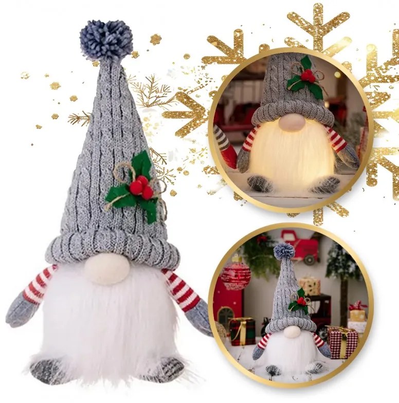 Világító elemes karácsonyi törpe FROSTIE 28 cm, szürke