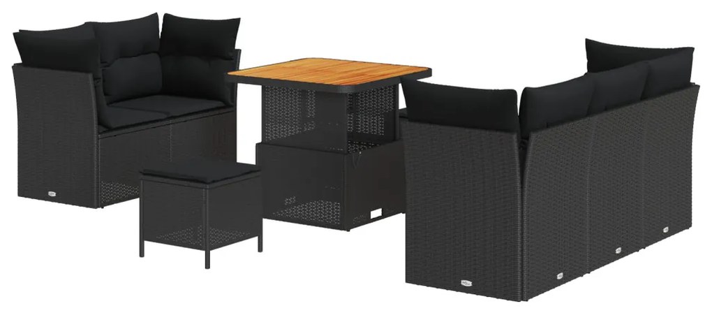 8 darabos Kert Szófa Szett Párnákkal Fekete Poli Rattan Akáciával, 3 darabos Kert Étkezős Szett Párnákkal Fekete Poli Rattan Akáciával