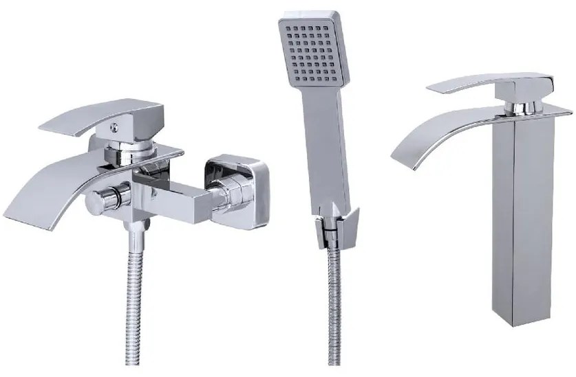 Gamma Elva Fürdőkádtöltő és Magasított Mosdó Csaptelep Szett - Vízesés vízsugarú, Króm