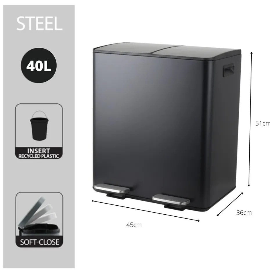 Matt fekete acél szelektív pedálos szemetes 2x20 l Aliya – Spirella