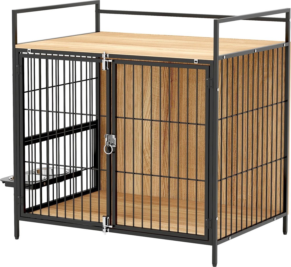 PawHut Modern Oldaltábla Kutya Ketrec Forgatható Etető Állomással 2 Tál 2 Ajtóval és Felső Tároló Polccal Közepes Kutyák Számára 80x56x76,5 cm Tölgy |