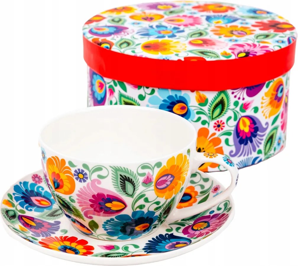 Małgosia fehér csésze díszdobozban łowickie virágmintával 300 ml, porcelana
