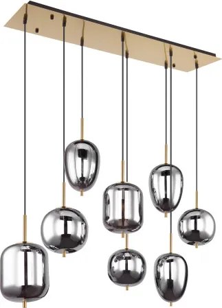 Globo 15345-8MM Függeszték réz matt fém váz, füstszínű 8 különböző méretű, és formájú üvegbúrával. HxSZxM940x340x1200, fényforrás nélkül szállítva 8xE14 40W 230V