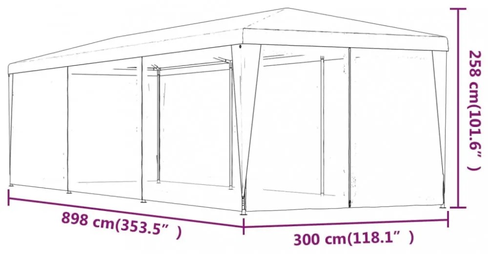 piros HDPE rendezvénysátor 8 hálós oldalfallal 3x9 m